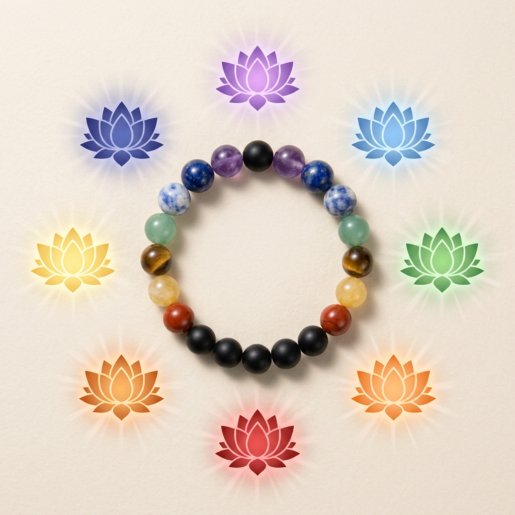 7 Chakras Healing Crystal Bracelet with Black Obsidian Protection (10mm)