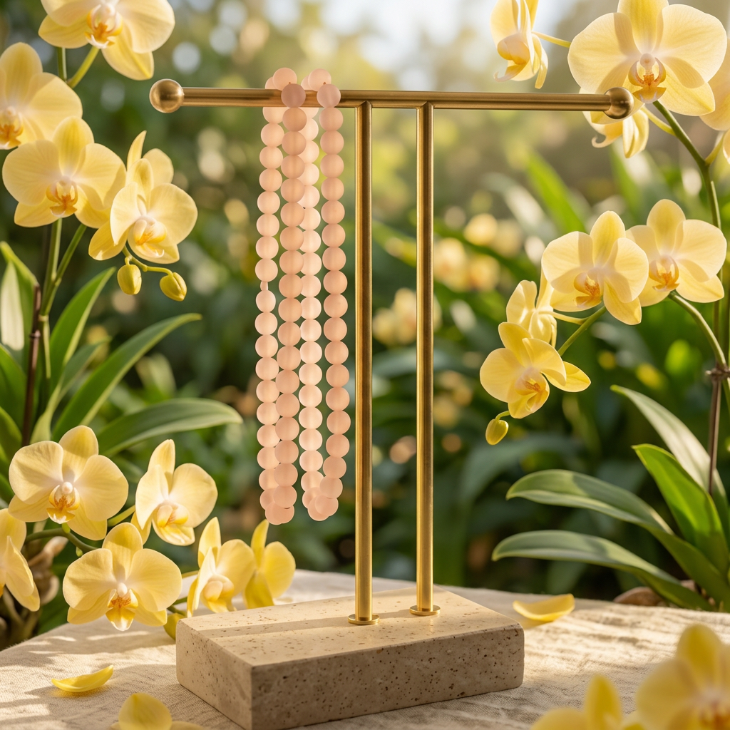 Matte Rose Quartz bracelets with yellow orchids