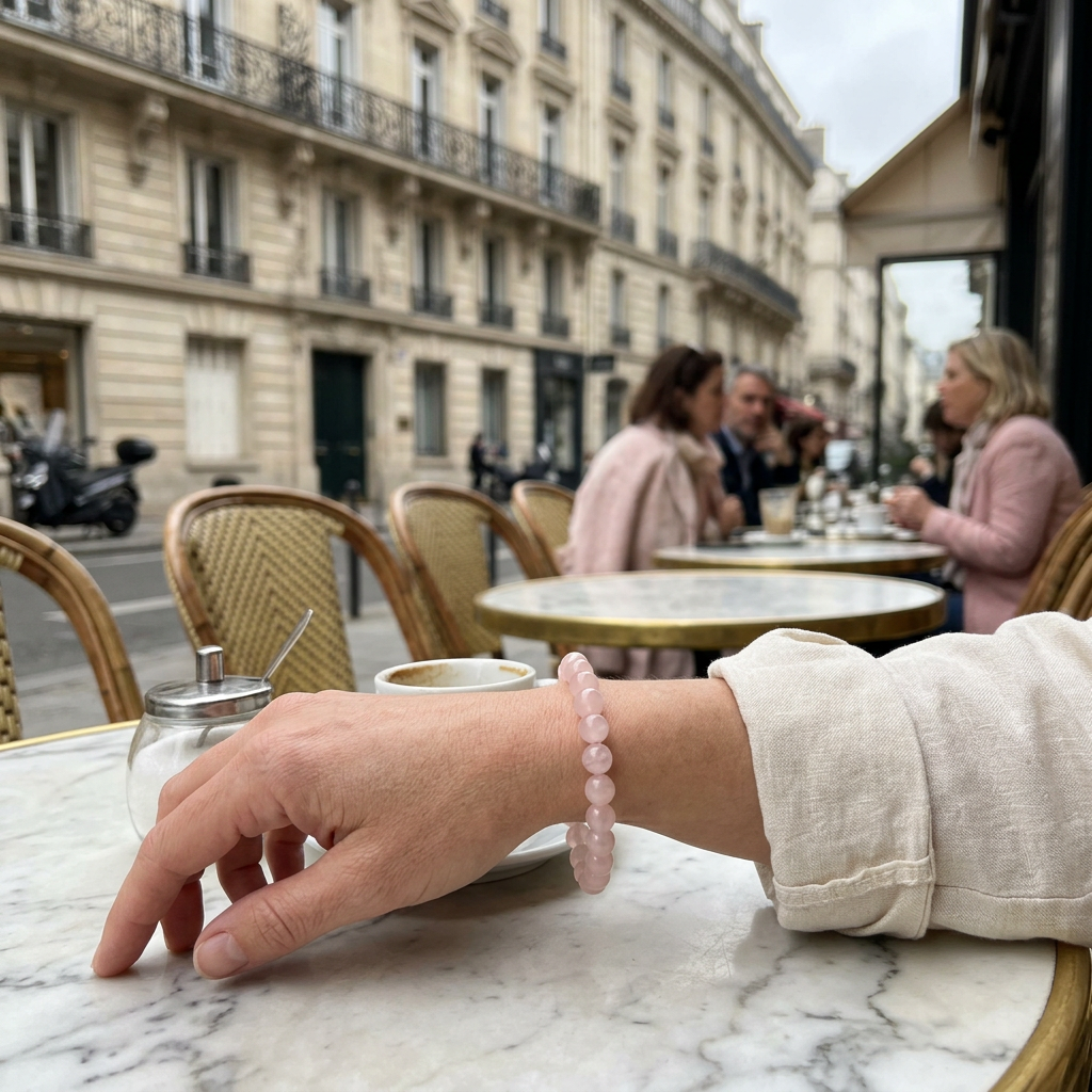 Rose quartz bracelet worn on a wrist at a Paris sidewalk café