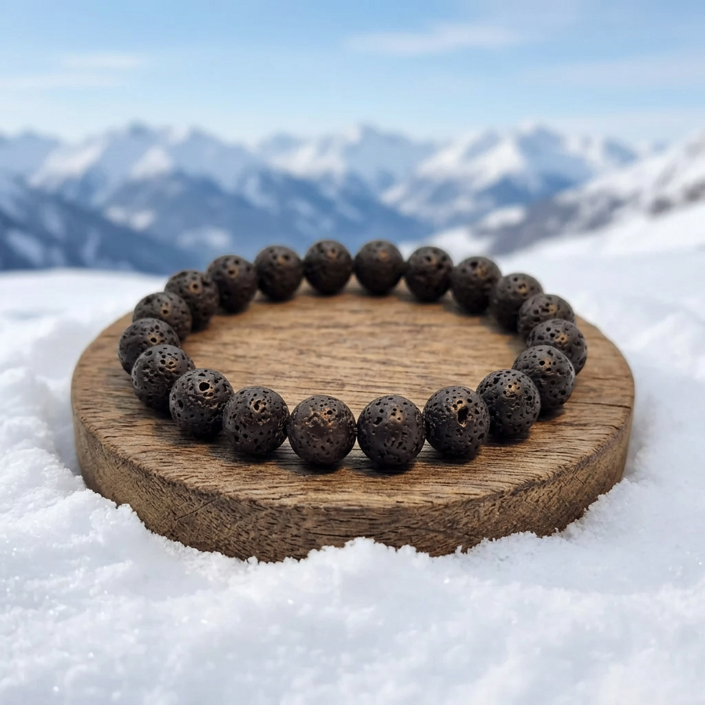 Lava Rock bracelet with snow-covered mountains