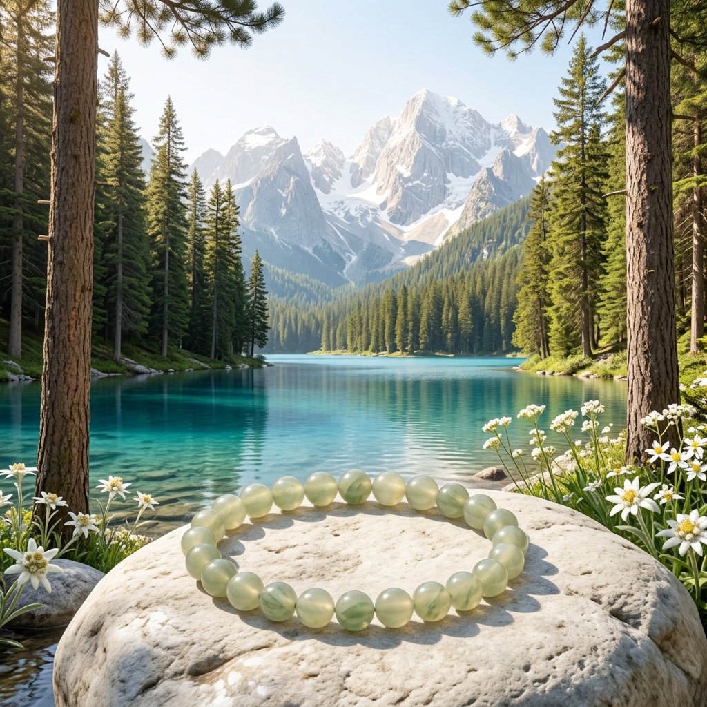 Green Aventurine bracelet with tall pines beside a turquoise alpine lake