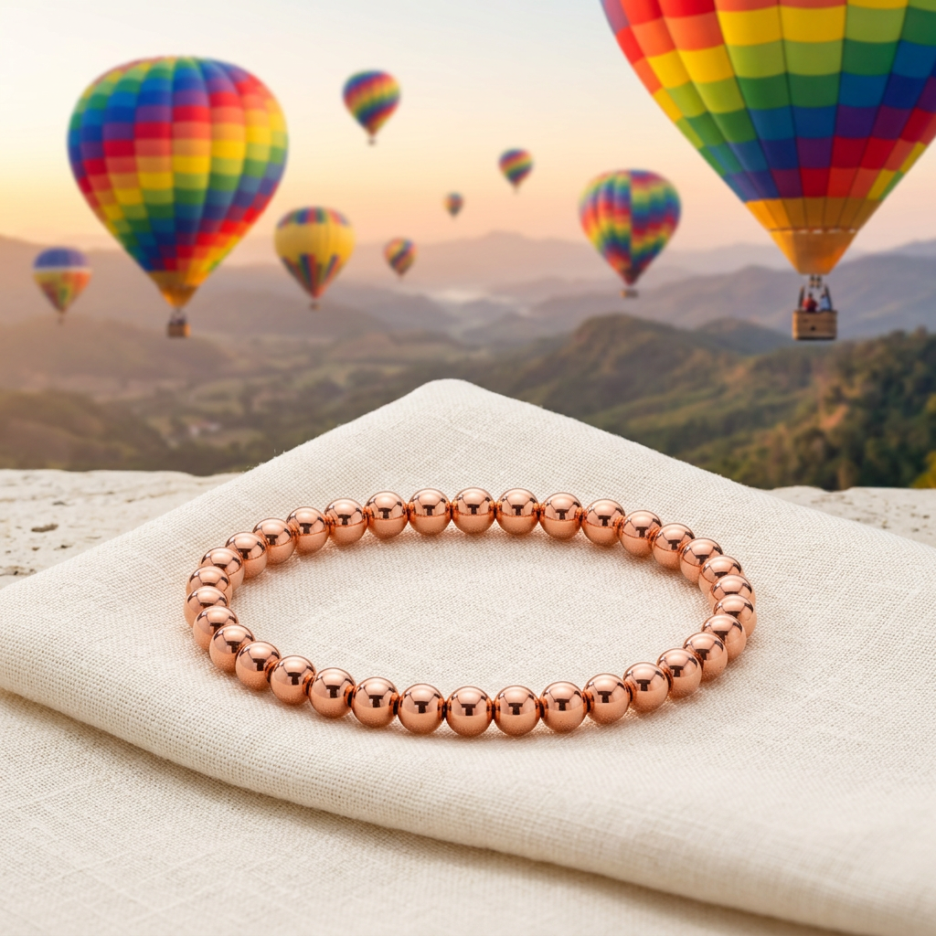 Copper 4mm bracelet with rainbow-coloured hot-air balloons in the background