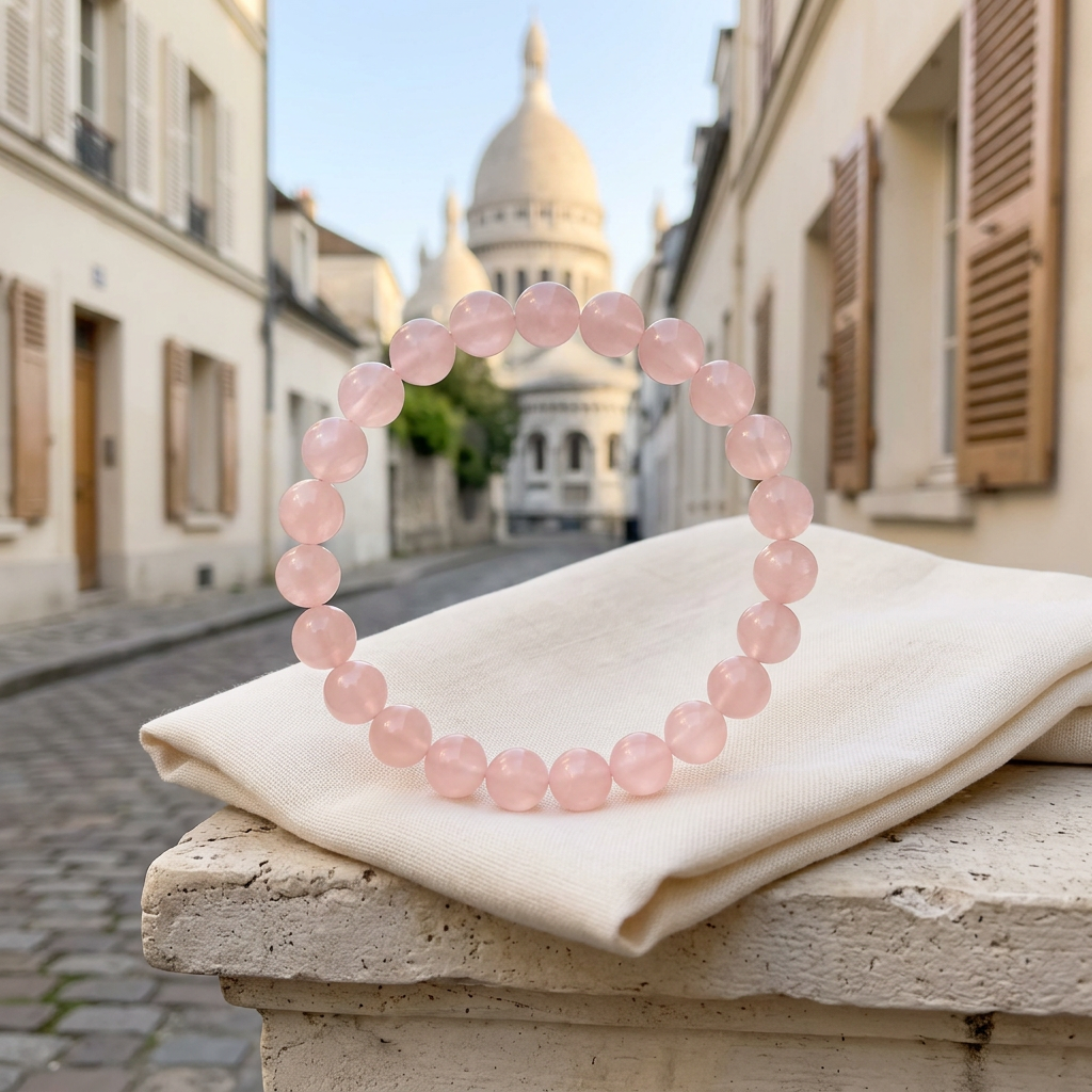 Rose quartz bracelet with a Montmartre Paris street backdrop