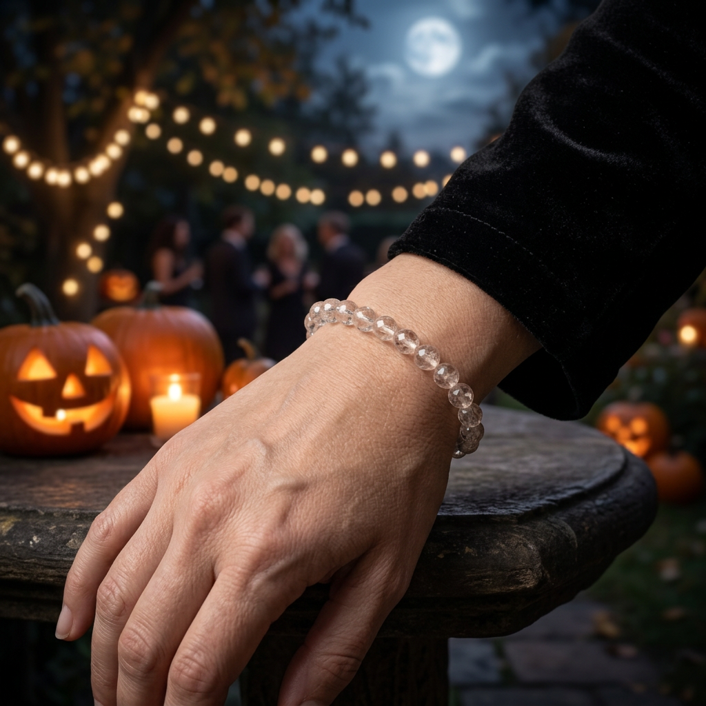 Rutilated quartz bracelet worn with a black velvet sleeve at a Halloween gathering