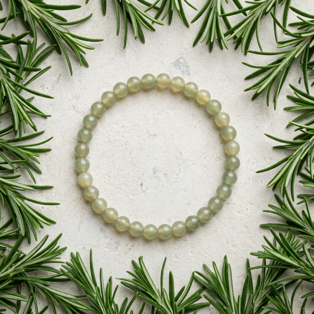 Green aventurine bracelet surrounded by fresh rosemary sprigs