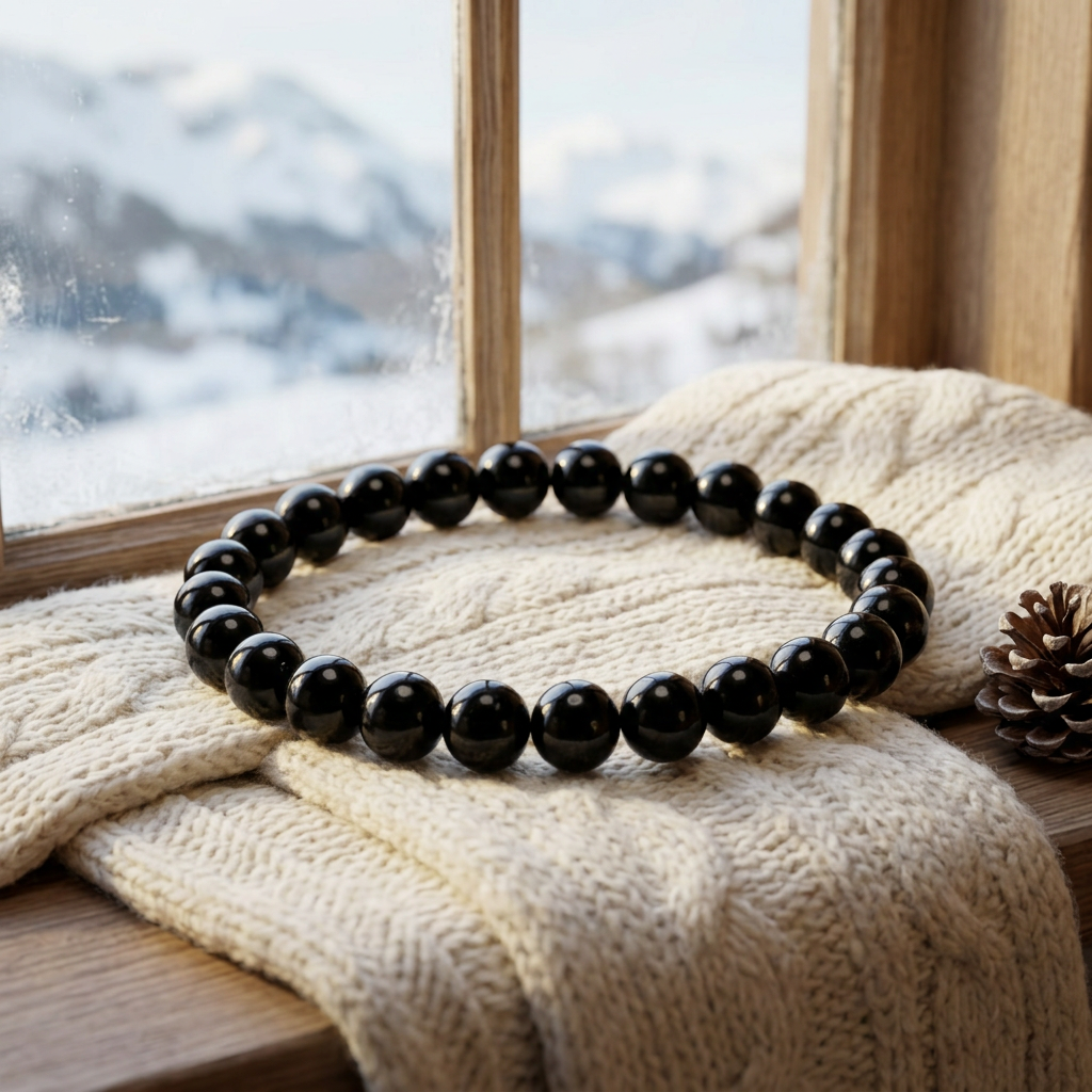 Black Tourmaline bracelet beside a winter cabin window