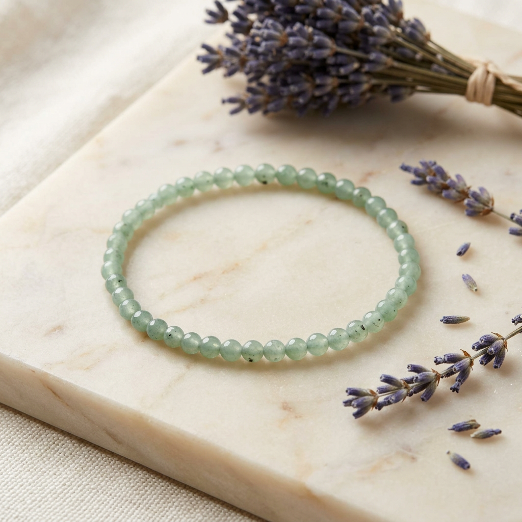 Green Aventurine bracelet with cream marble linen and lavender