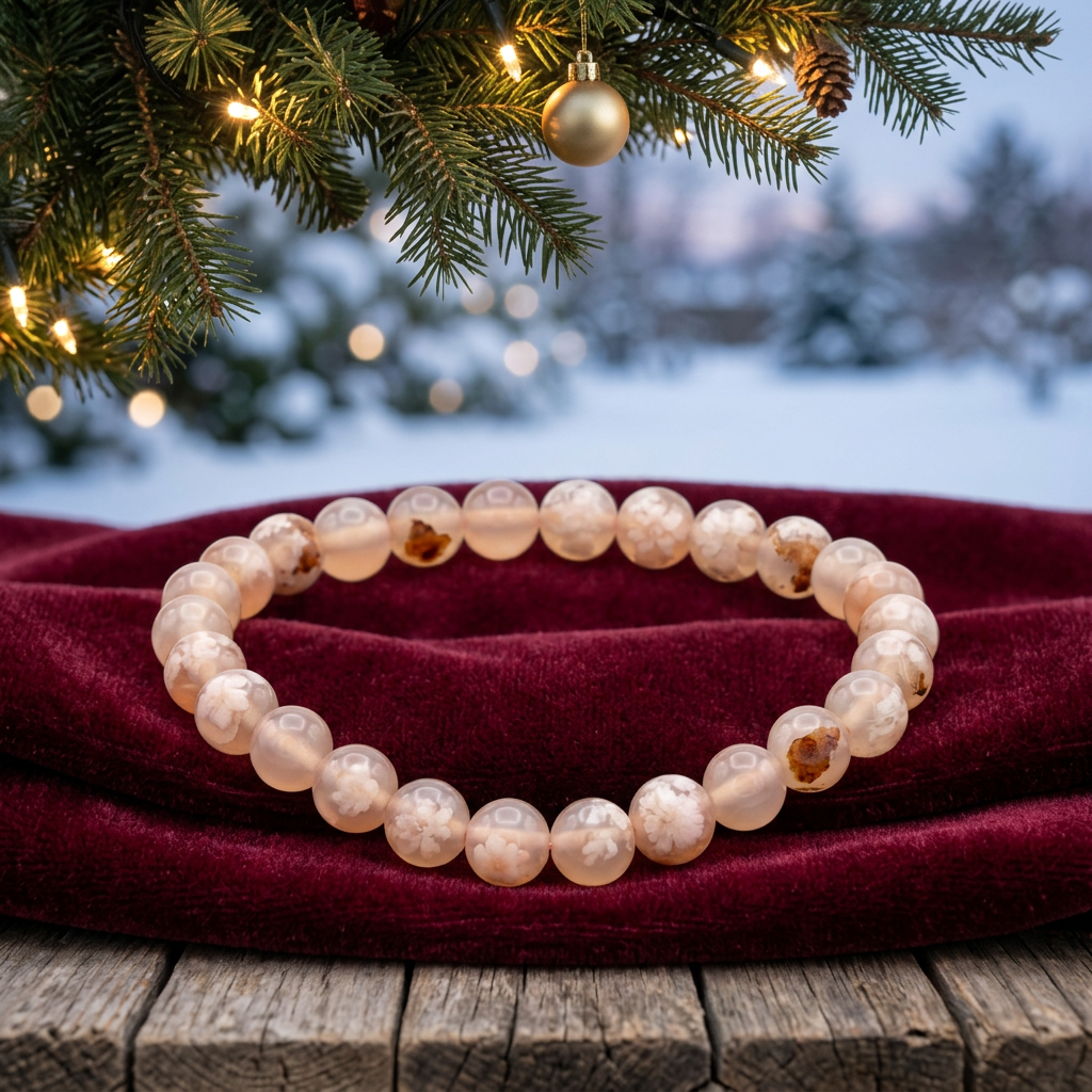 Flower agate bracelet on burgundy velvet beneath lit outdoor evergreen branches