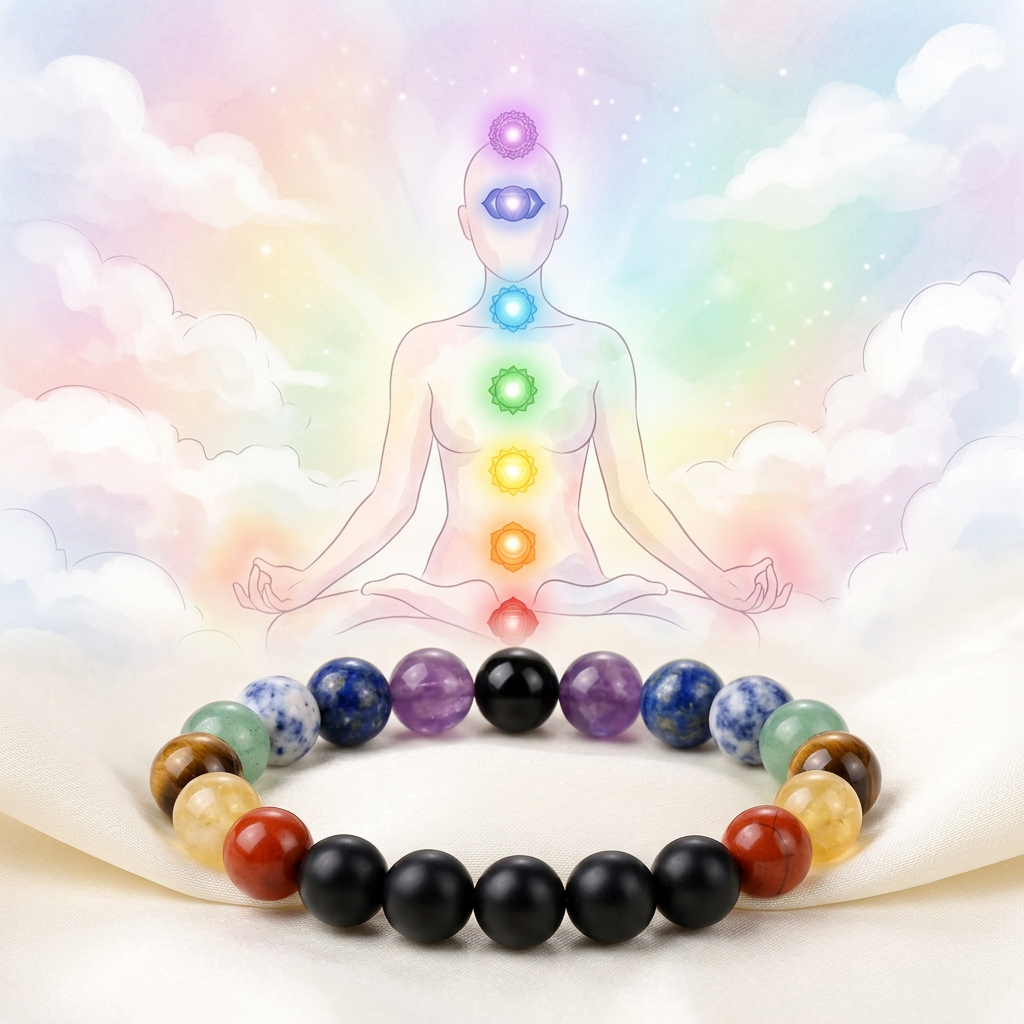 7 Chakras Healing Crystal Bracelet with Black Obsidian Protection (10mm)