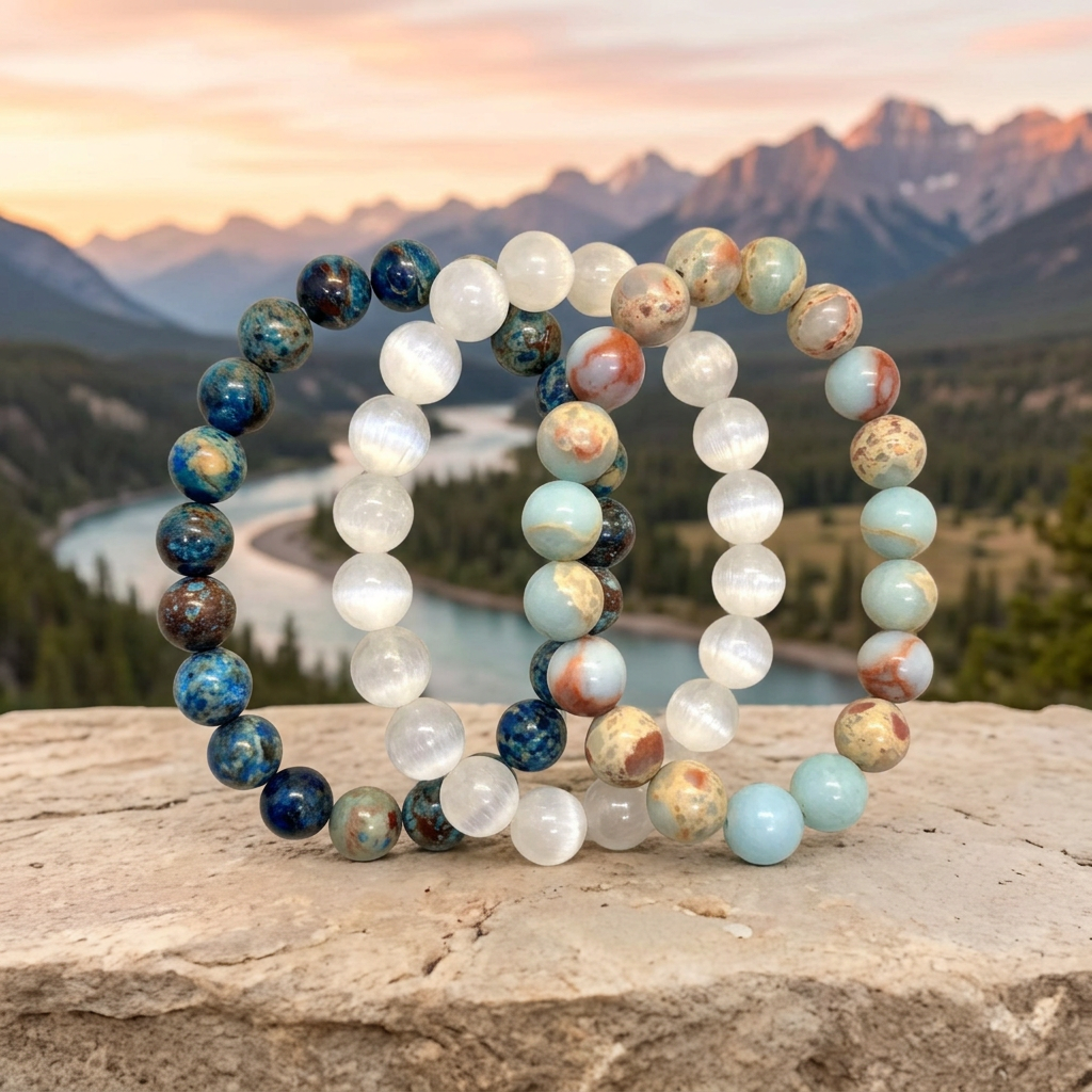 Triple Energy bracelet set with mountain river sunset