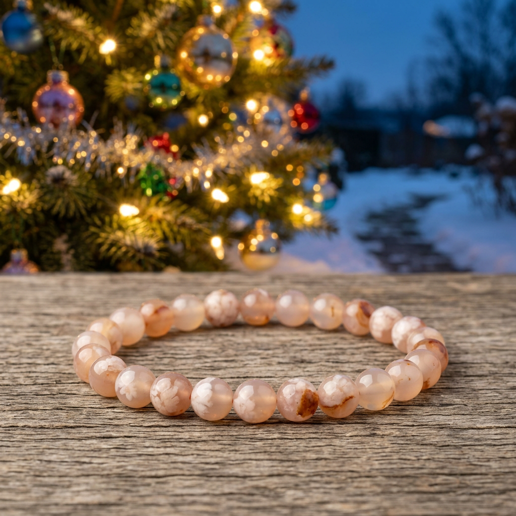 Flower agate bracelet on an outdoor wooden table with glowing Christmas tree lights