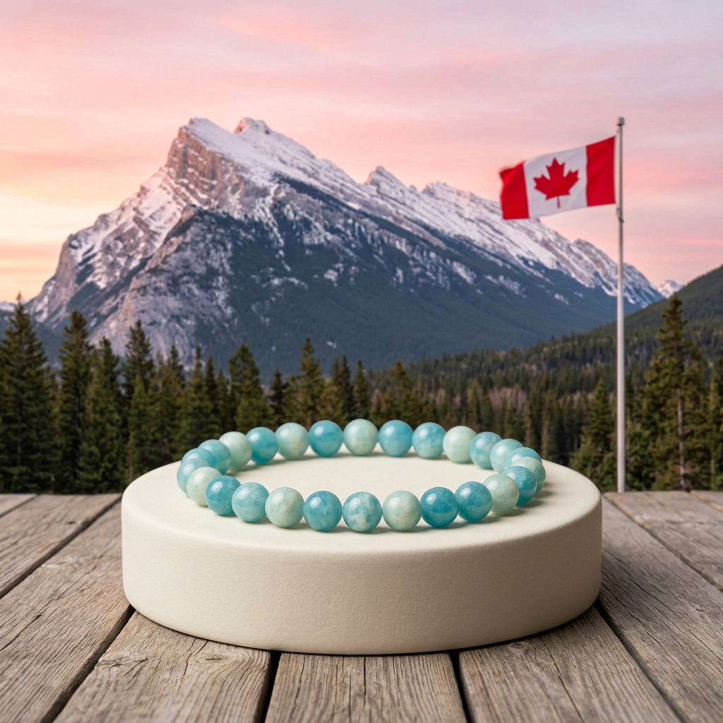 Turquoise jade bracelet with snowy Canadian peaks at sunrise and a Canadian flag
