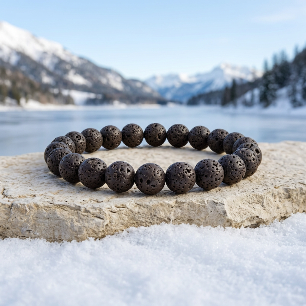 Lava Rock bracelet with a frozen lake and snowy mountains