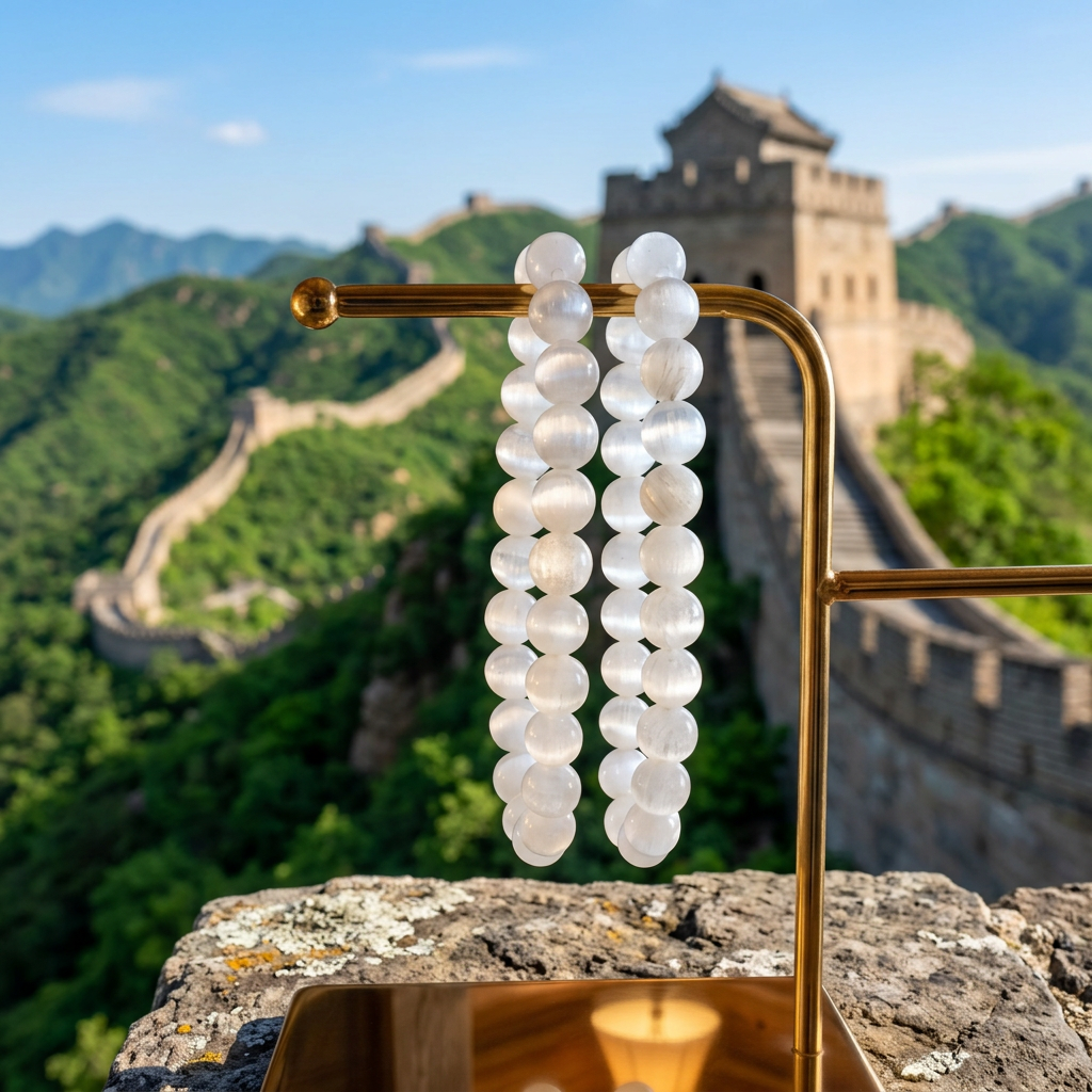 Selenite bracelets with the Great Wall of China in summer