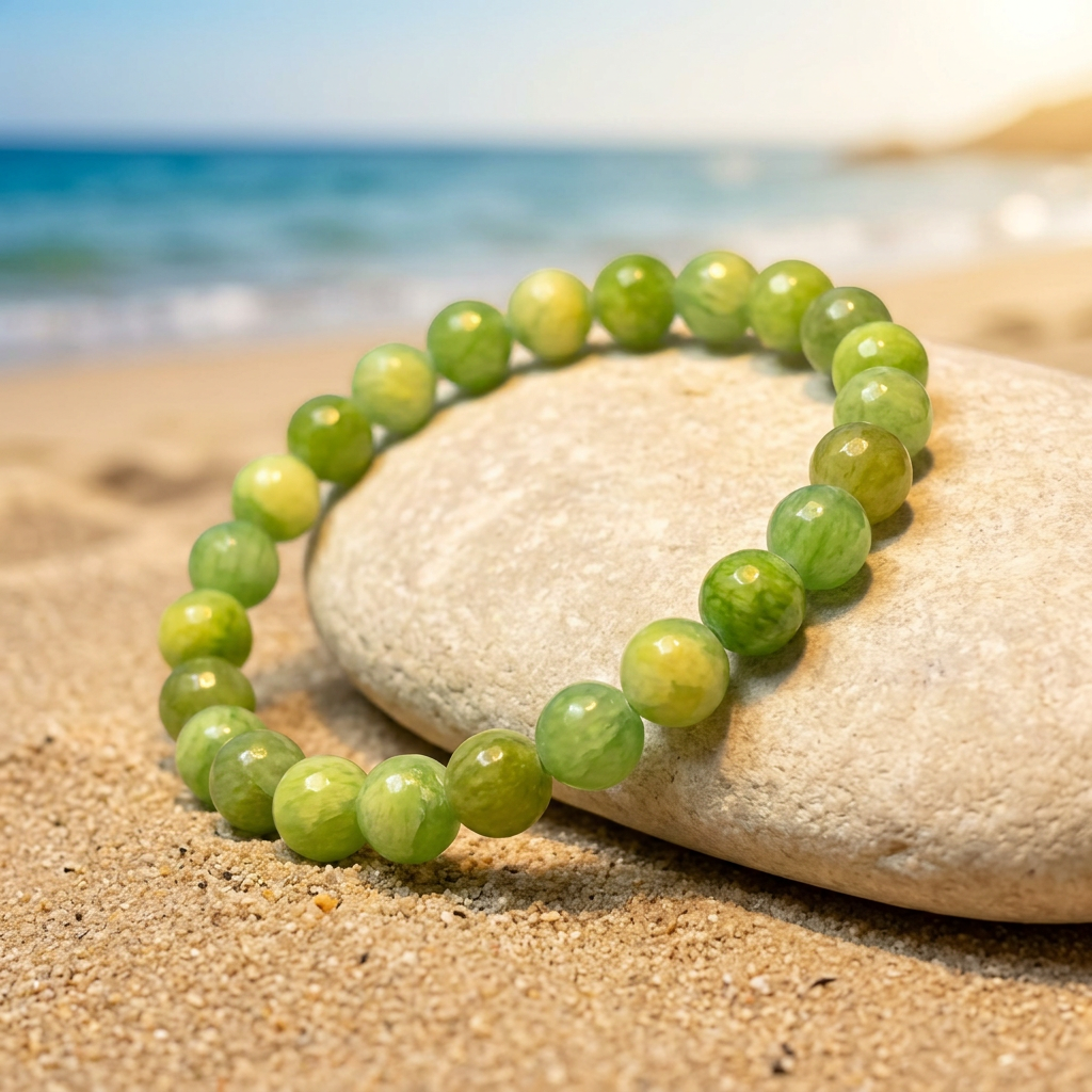 Green Jade 6mm bracelet with a sunny beach background