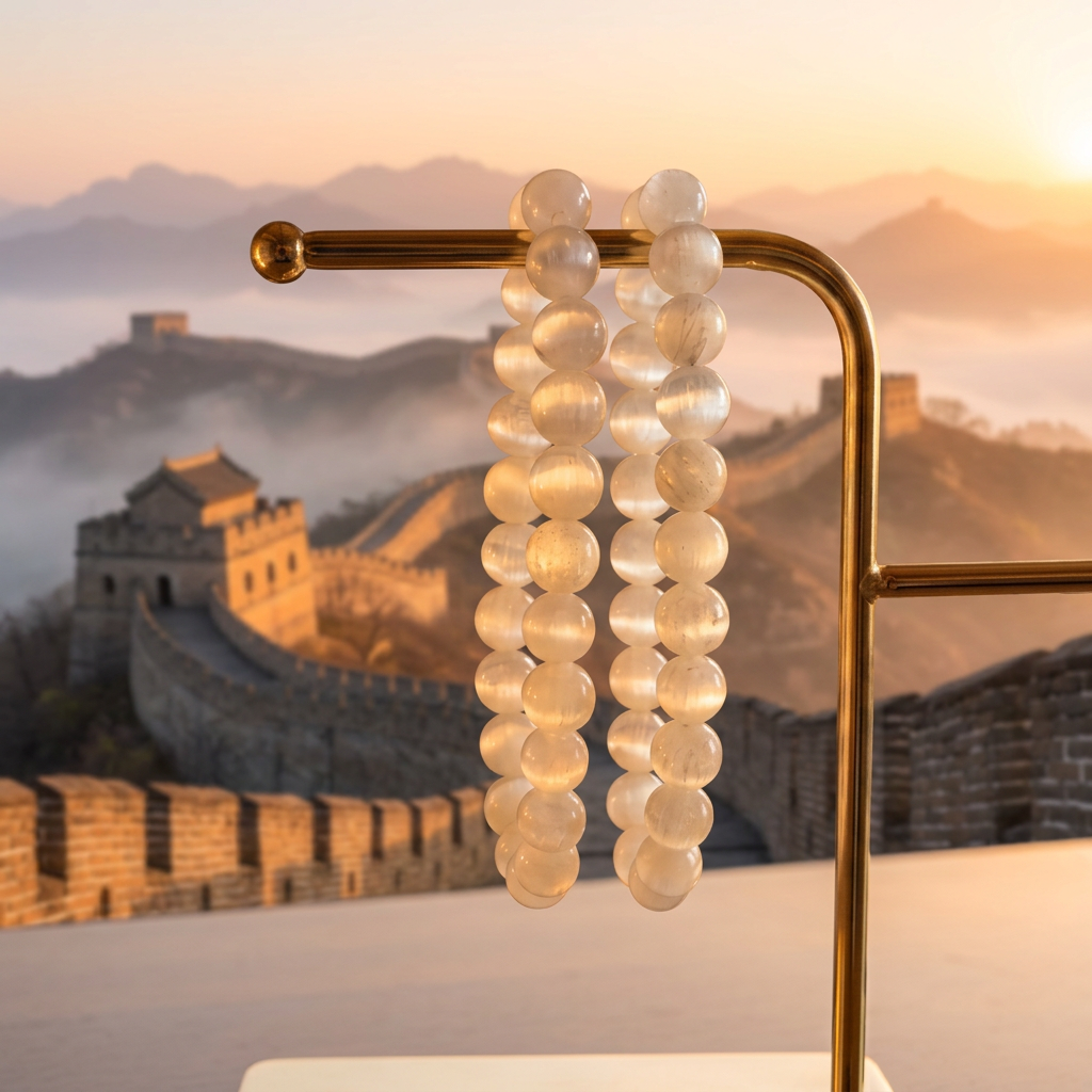 Selenite bracelets with the Great Wall of China at sunrise