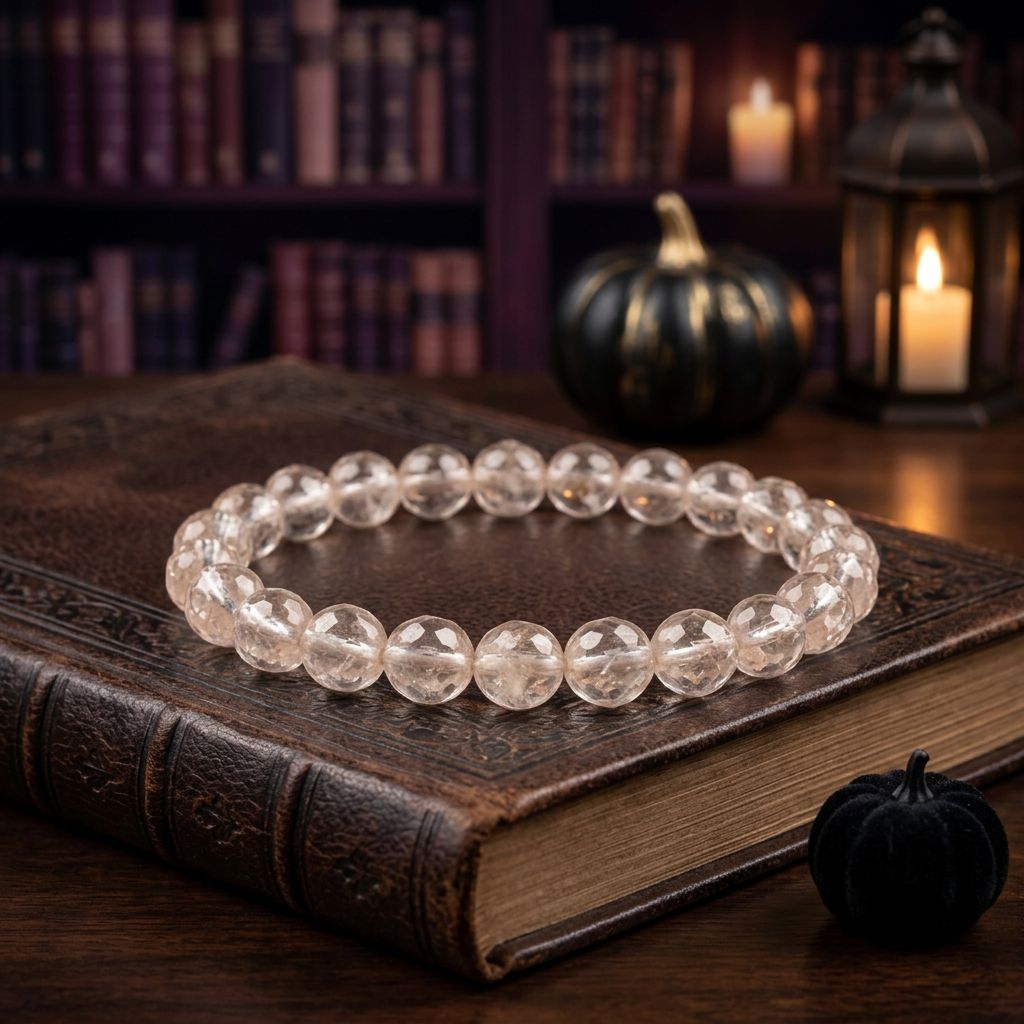 Rutilated quartz bracelet on an antique book in a Halloween library