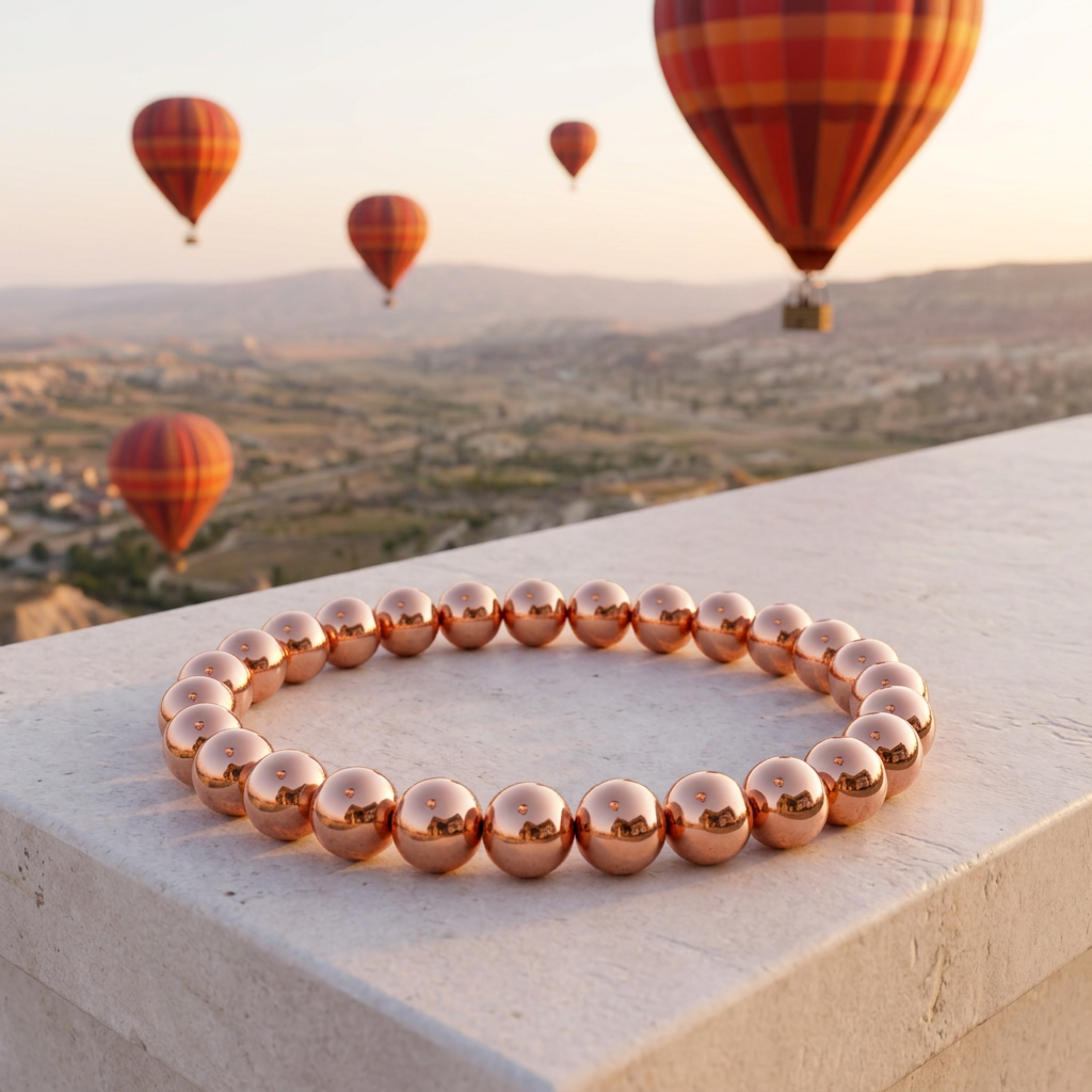 Copper 4mm bracelet with red and orange hot-air balloons in the background