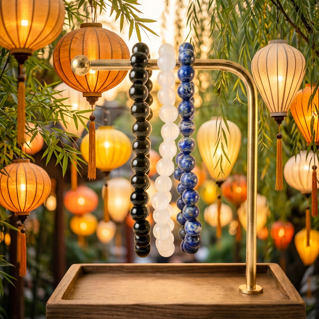 Bracelet set with bright amber and golden Chinese lanterns
