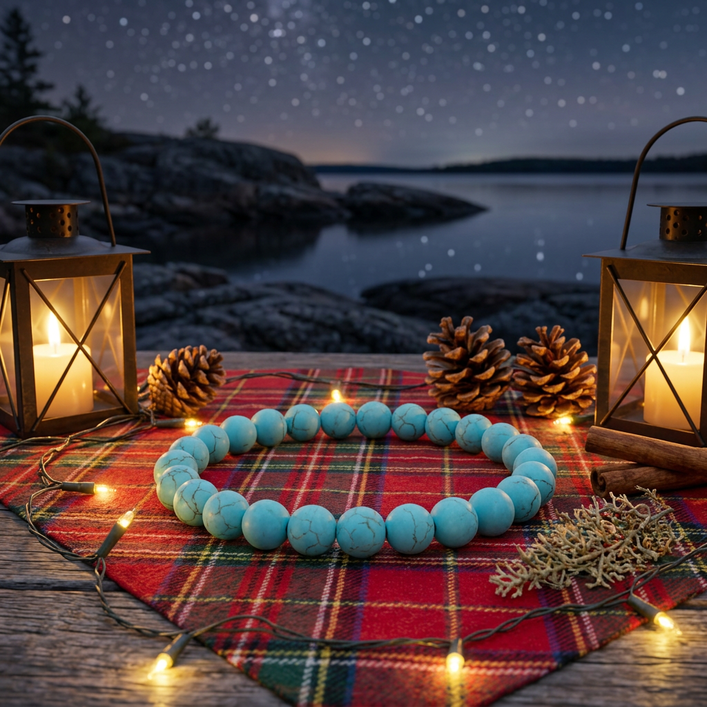 Turquoise bracelet on red plaid with lanterns beside a starry Canadian shoreline