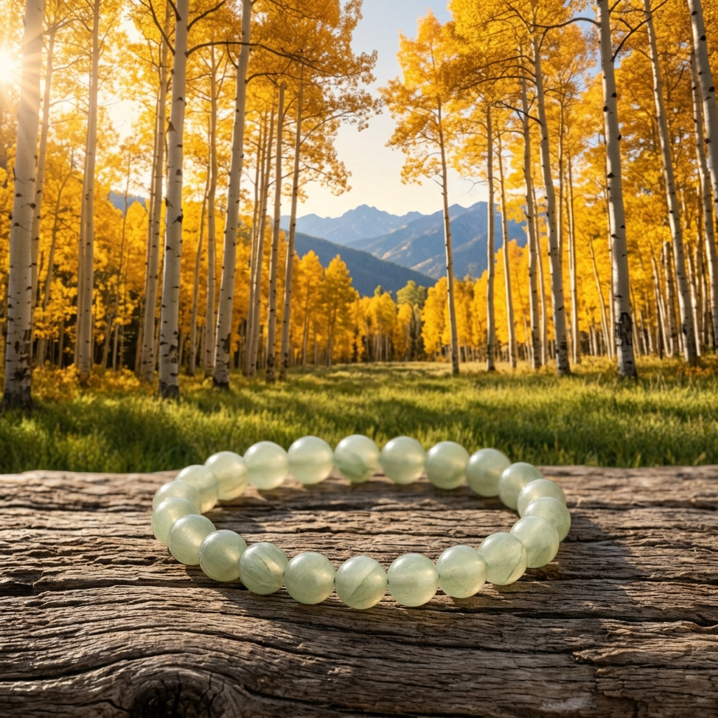 Green Aventurine bracelet with tall golden aspens and mountain scenery
