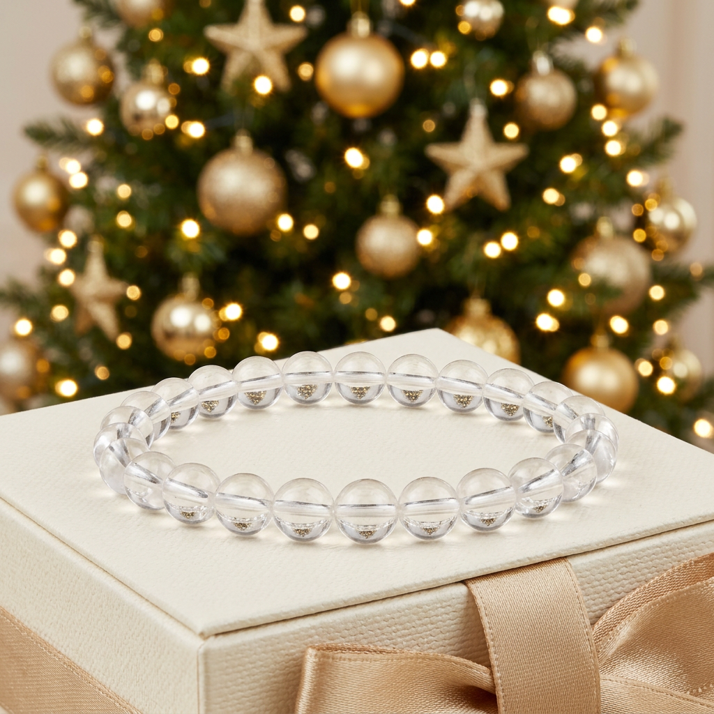 Clear Quartz bracelet on ivory gift box with golden Christmas tree