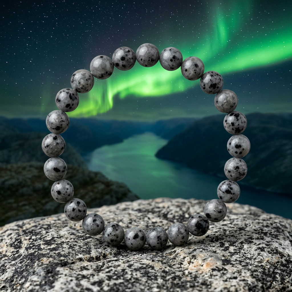 Grey bracelet with black spots beneath northern lights over a coastal fjord