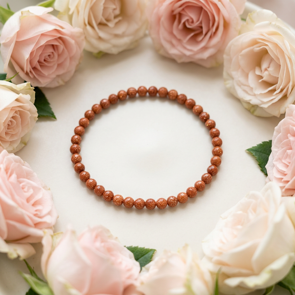 Goldstone 4mm bracelet with pink and ivory roses