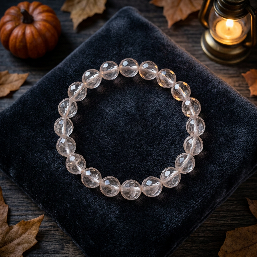 Rutilated quartz bracelet on charcoal velvet with pumpkins and autumn leaves