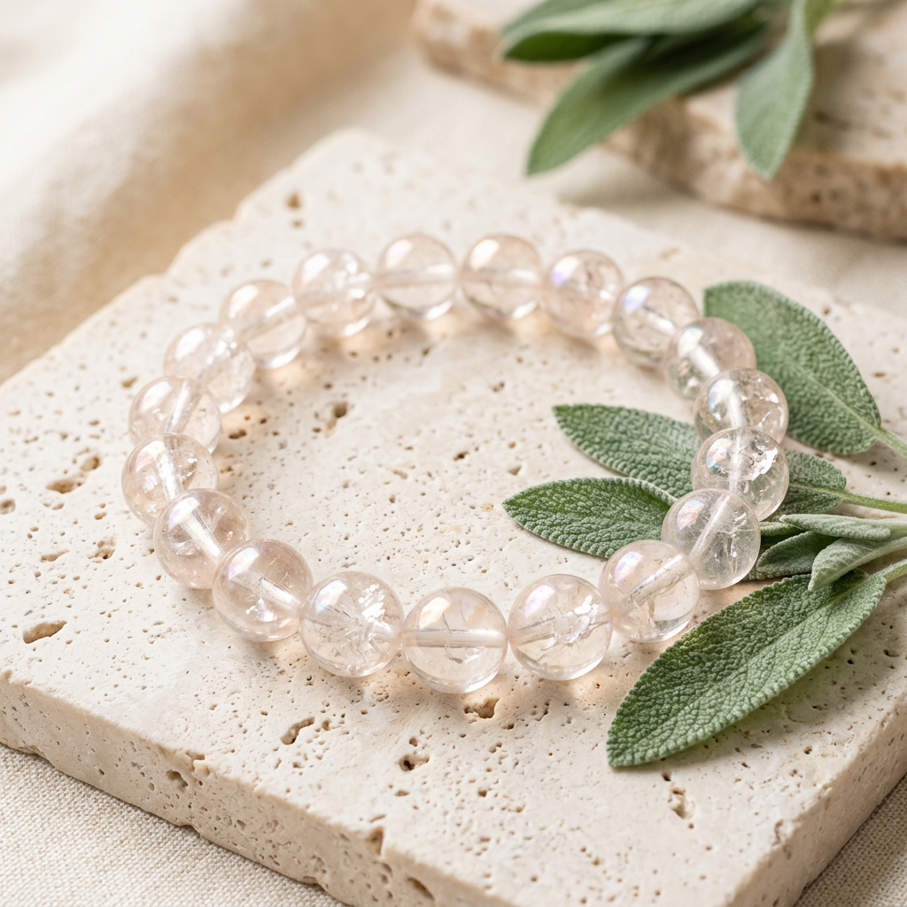 Clear quartz bracelet with sage leaves on pale travertine