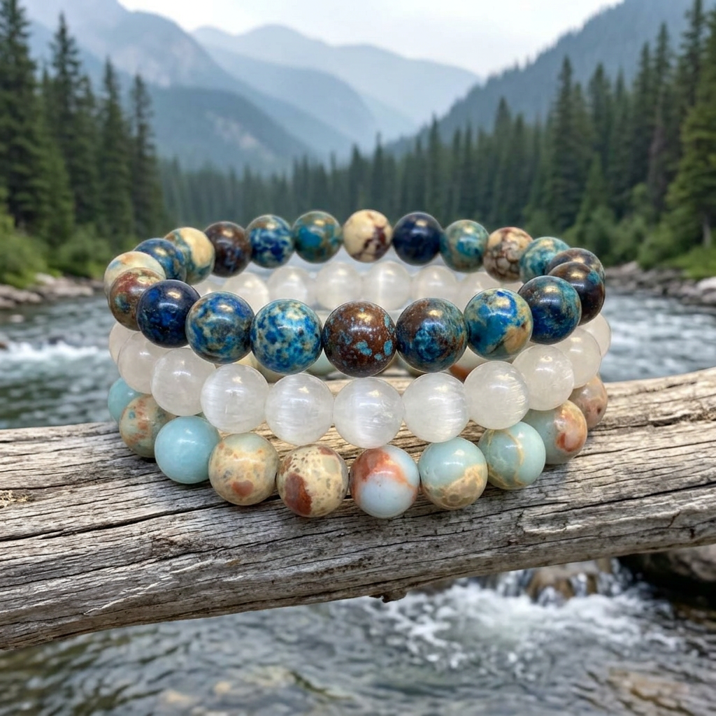 Triple Energy bracelet set beside forest river rapids