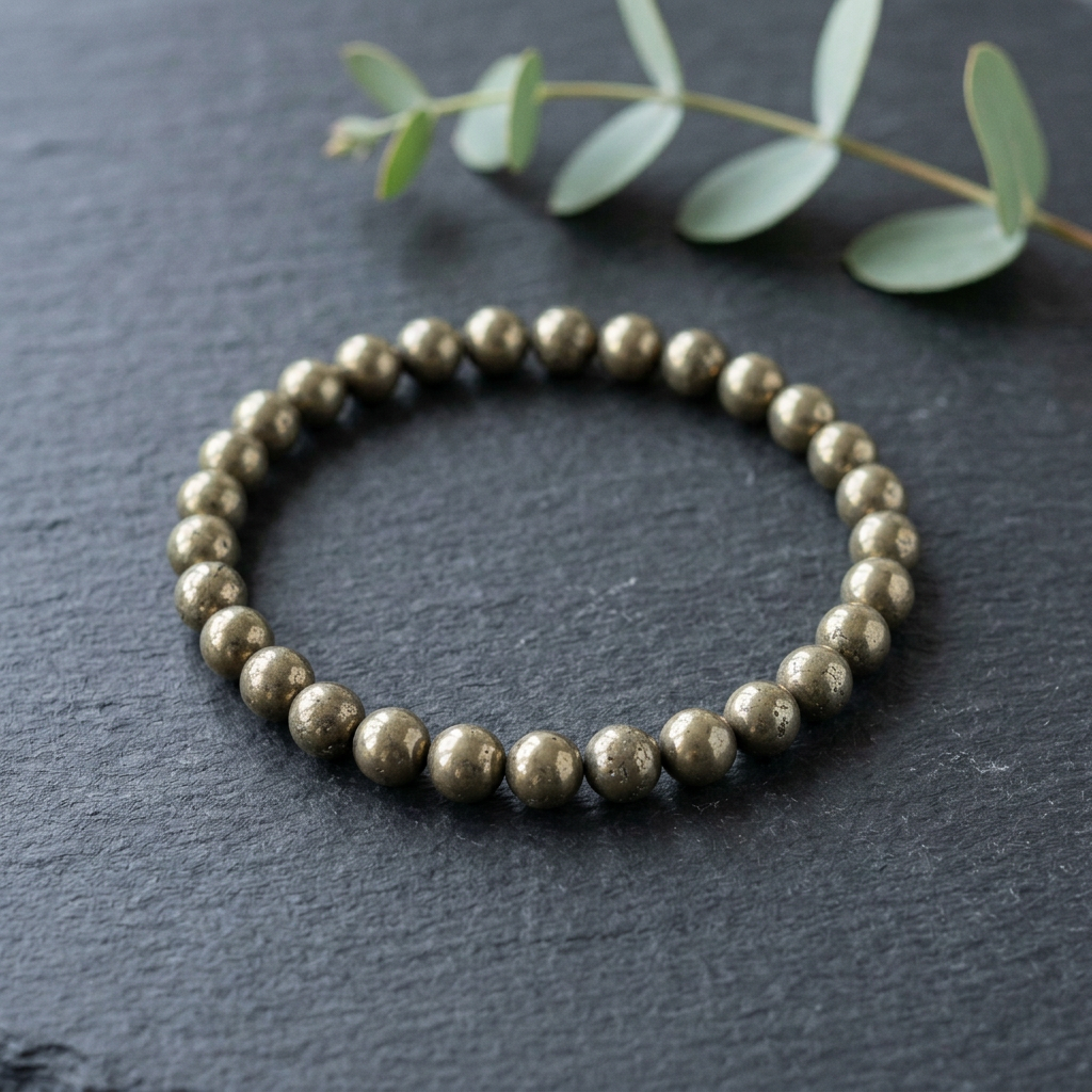 Pyrite bracelet with the matching slate and eucalyptus background