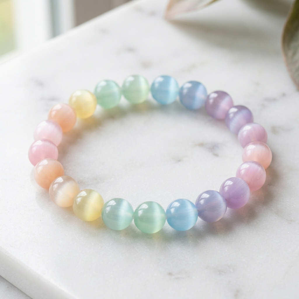 Rainbow selenite bracelet on white marble