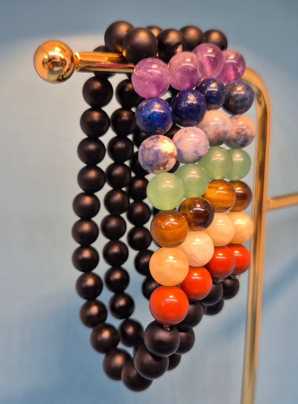 7 Chakras Healing Crystal Bracelet with Black Obsidian Protection (10mm)