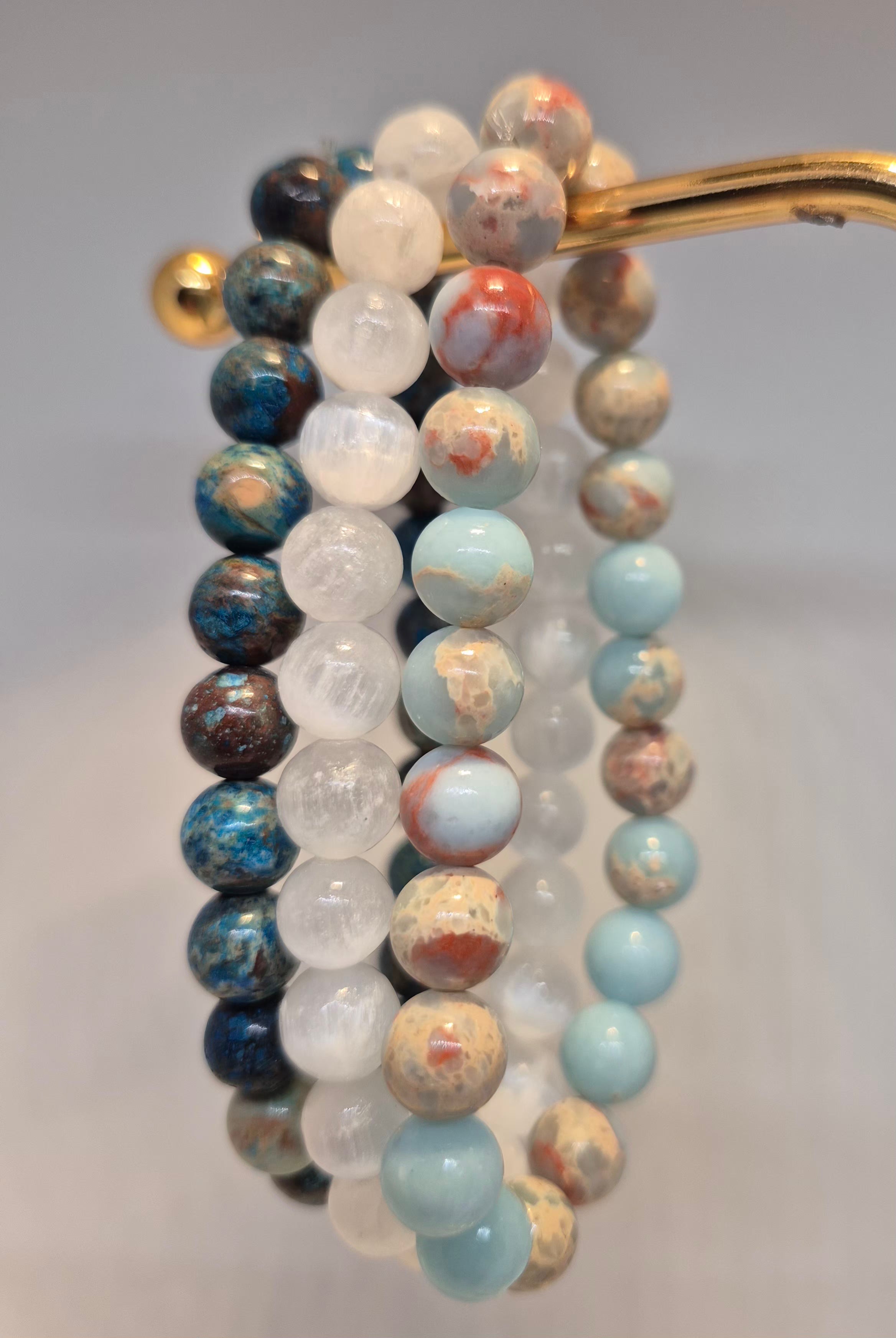 Triple Energy Crystal Bracelets 8mm Set | Sea Sediment Jasper, Starry Jasper & Selenite