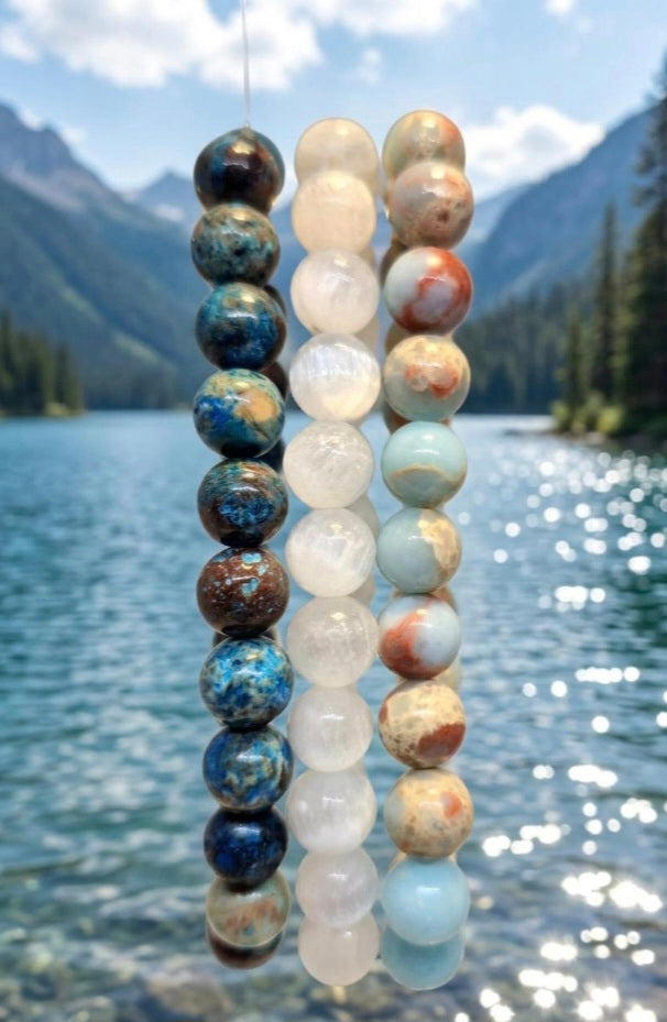 Triple Energy Crystal Bracelets 8mm Set | Sea Sediment Jasper, Starry Jasper & Selenite