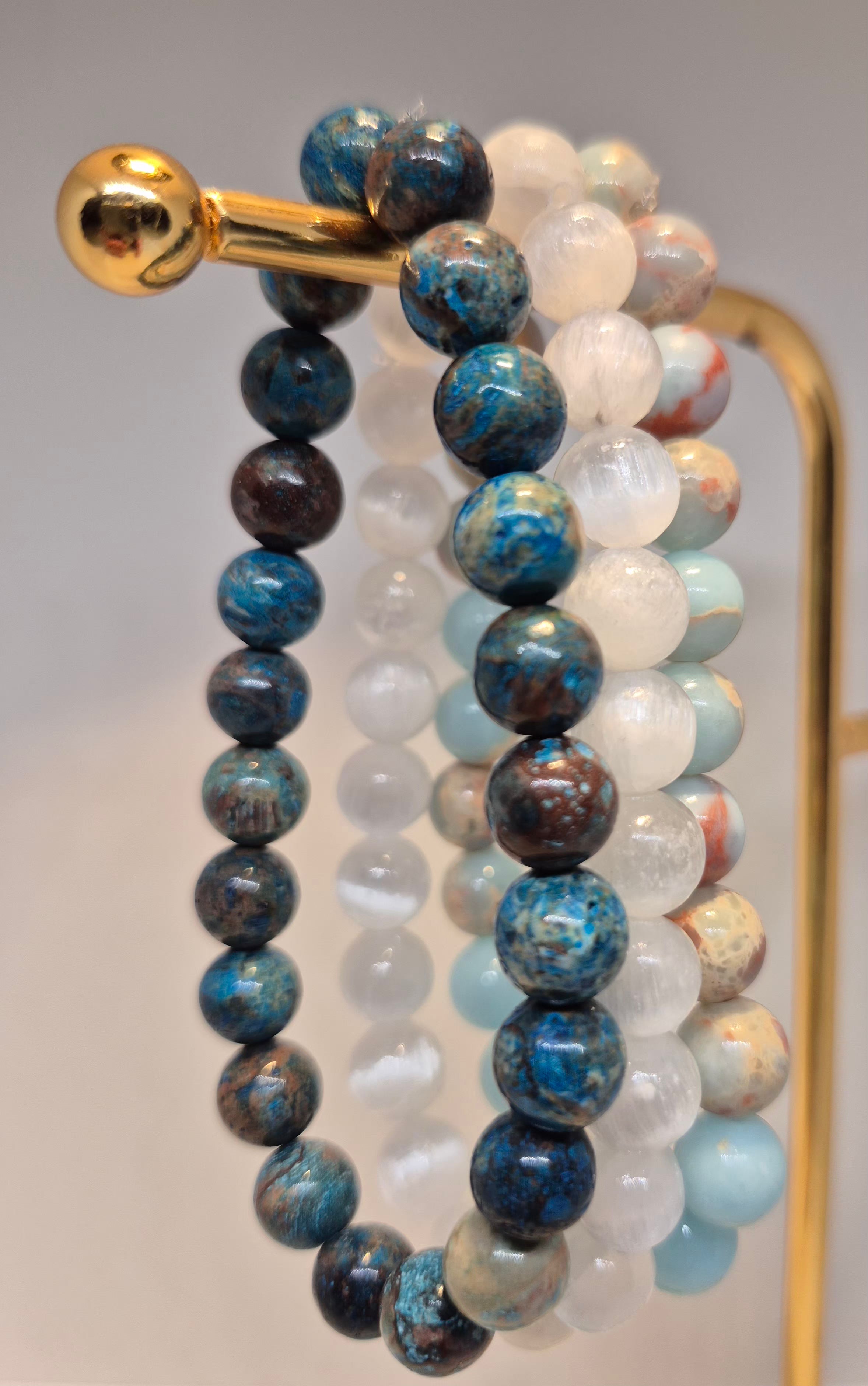 Triple Energy Crystal Bracelets 8mm Set | Sea Sediment Jasper, Starry Jasper & Selenite
